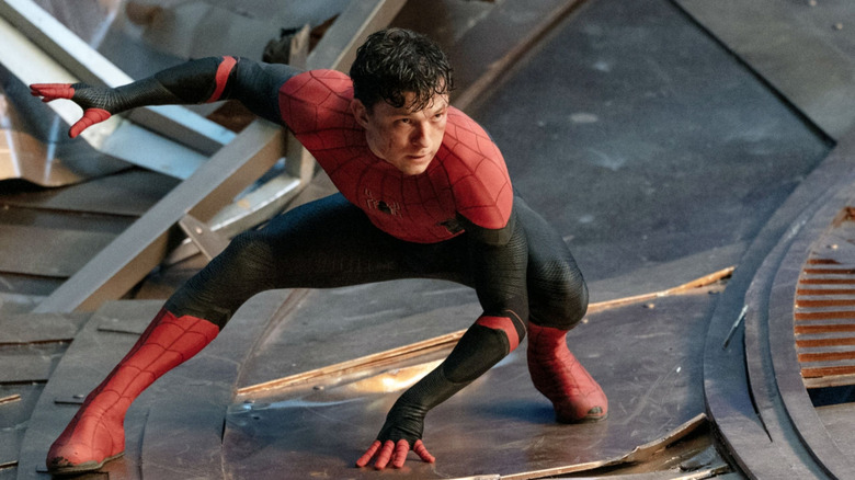 Peter landing in the superhero pose in Spider-Man: No Way Home