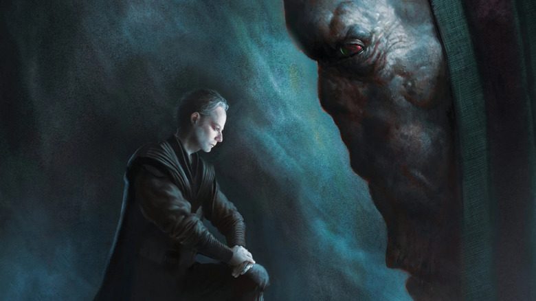 Darth Sidious kneeling before Darth Plagueis on the cover for Star Wars: Darth Plagueis