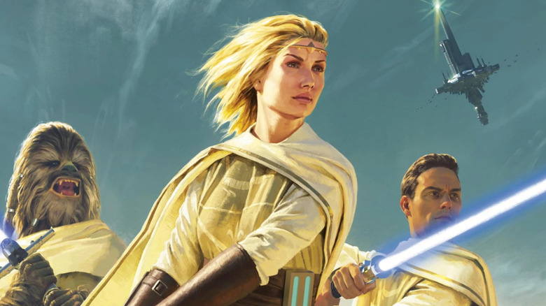 The Jedi standing below Starlight Beacon on the cover art for Star Wars: Light of the Jedi