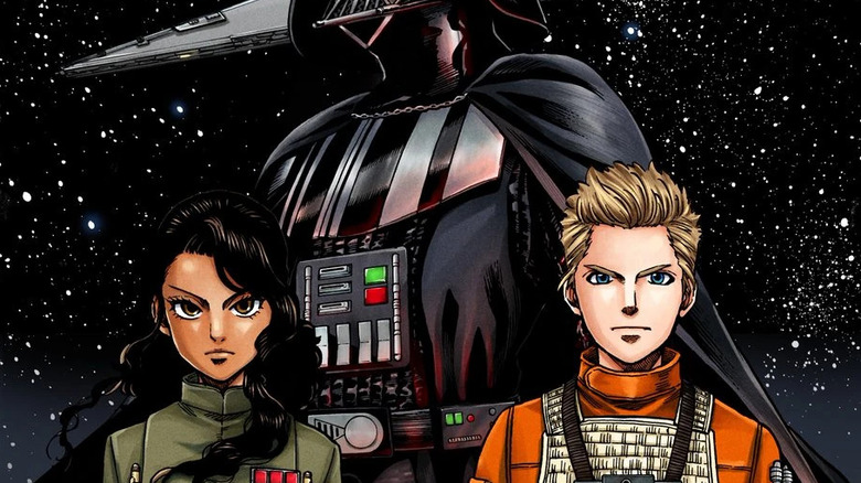 Thane Kyrell and Ciena Ree standing in front of Darth Vader on the cover of the Star Wars: Lost Stars manga