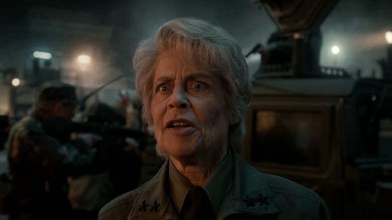 Linda Hamilton's Dr Kay looks worried in closeup in Stranger Things