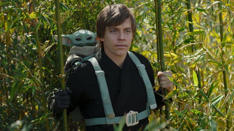 Luke Skywalker carrying Grogu on his back in The Book of Boba Fett