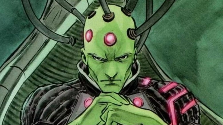 Superman comic, close-up of Brainiac with wires in his head