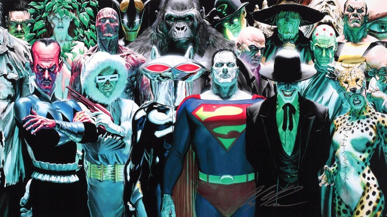 Alex Ross' groupshot of the greatest DC Comics villains: Poison Ivy, Parasite, Toyman, Grodd, Riddler, Lex Luthor, Scarecrow, Clayface, Brainiac, Black Adam, Dr. Sivana, Sinestro, Captain Cold, Black Manta, Bizarro, Joker, and Cheetah