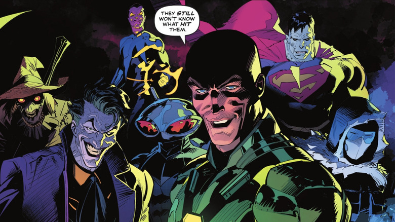 Justice League #5, final page revealing the Legion of Doom: Scarecrow, Joker, Sinestro, Black Manta, Lex Luthor, Bizarro, and Captain Cold