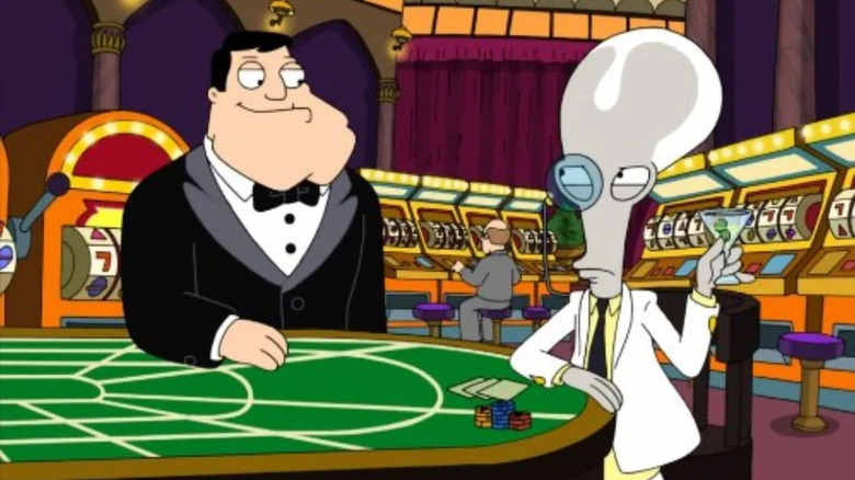 Stan Smith and Roger as Tearjerker in a casino on American Dad!