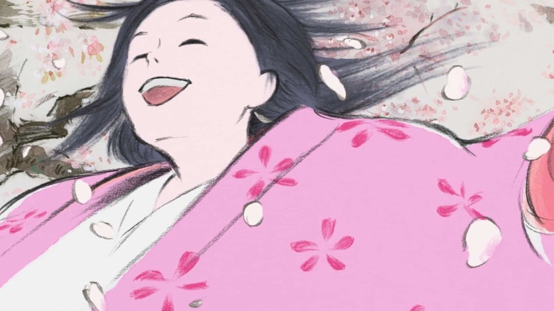 Kaguya smiling in a rare moment of happiness in The Tale of Princess Kaguya