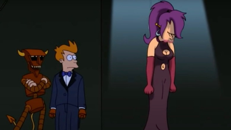 Futurama -- Leela singing while Fry and the Robot Devil look on
