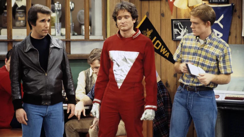 Henry Winkler's Fonzie, Robin Williams' Mork, and Ron Howard's Ritchie on Happy Days