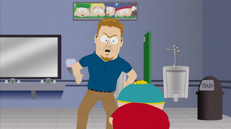 South Park, PC Principal about to beat up Cartman in the foreground while Kyle, Butters, Craig, Stan and Tolkien watch in horror in the background