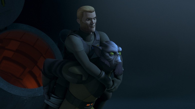 Zeb (Steve Blum) carrying Kallus (David Oyelowo) on his back in Star Wars Rebels