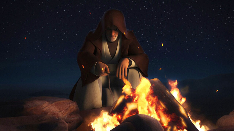 Obi-Wan Kenobi (Stephen Stanton) sitting by a fire in Star Wars Rebels
