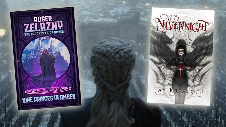 Rear shot of Daenerys Targaryen standing before her army in destroyed King's Landing over book covers of Nine Princes in Amber and Nevernight