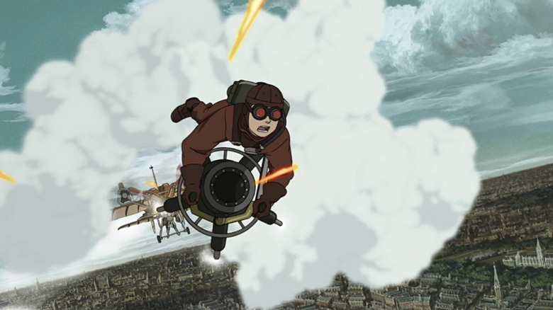 James Ray Steam flying away from an airplane on his steam-powered vessel in Steamboy