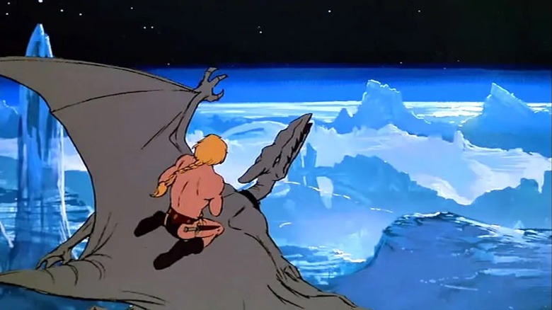 Larn, performed by Randy Norton and voiced by William Ostrander, rides a winged creature in Fire and Ice