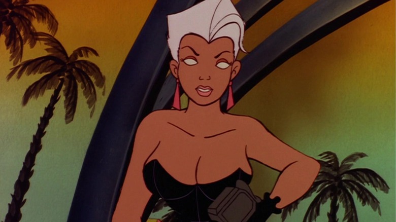A buff, white-eyed bodybuilder with a space gun in Spicy City