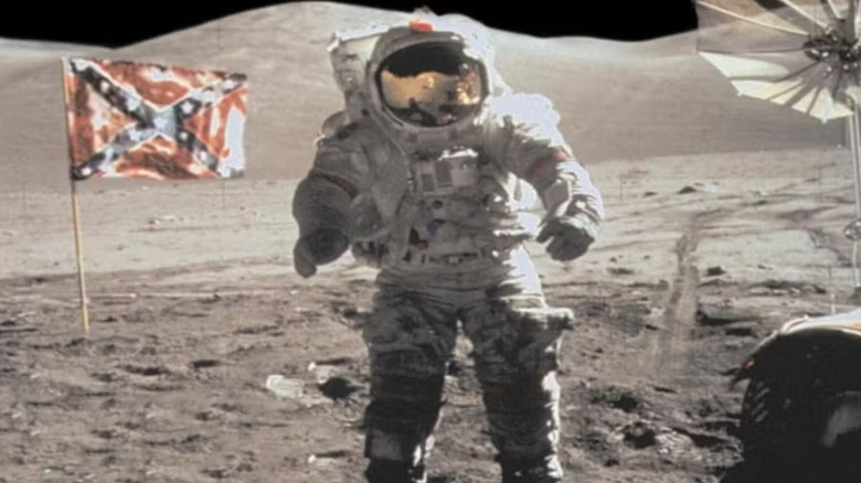 A picture of an astronaut on the moon in front of a Confederate flag in C.S.A.: Confederate States of America