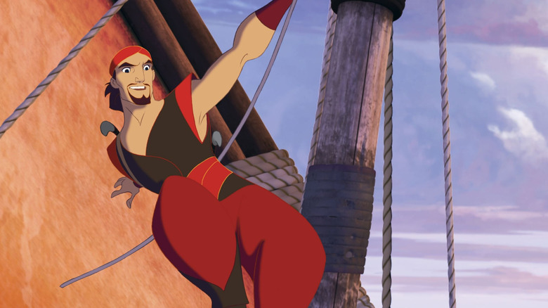 Sinbad swings from the mast of a ship in Sinbad: Legend of the Seven Seas