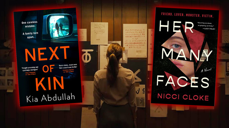 Woman looking at papers pinned to a wall and the covers of Next of Kin by Kia Abdullah and Her Many Faces by Nicci Cloke