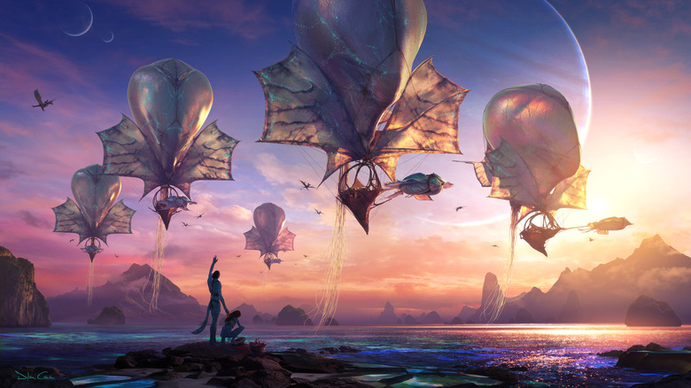 Concept art of two Na'vi on a reef waving at a fleet of airborne Windtraders in Avatar: The Way of Water
