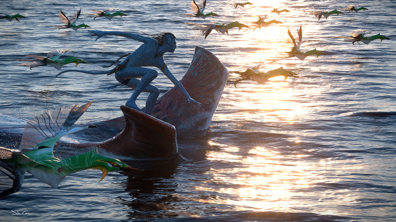 Concept art of Lo'ak (Britain Dalton) riding atop the Tulkun Payakan in a sunlit ocean in Avatar: Fire and Ash