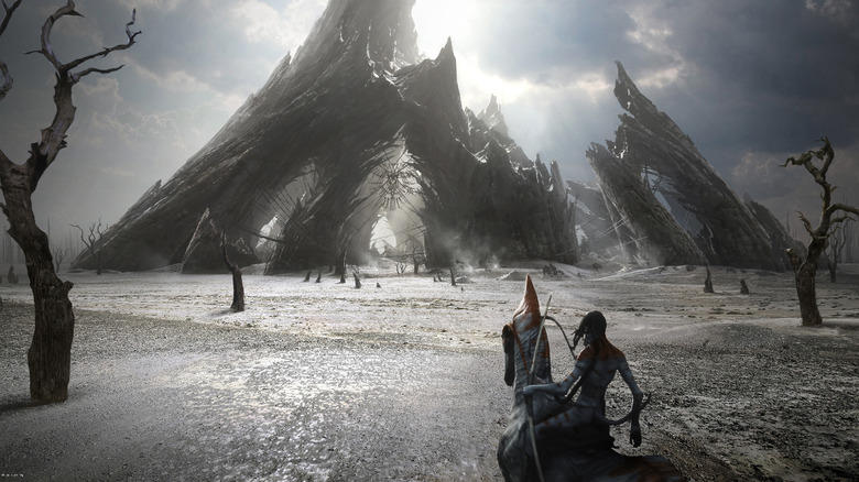 Concept art of a Na'vi approaching the desolate Ash Village in Avatar: Fire and Ash
