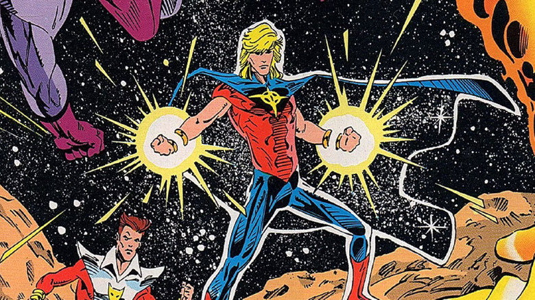 An image of Quasar with glowing quantum bands from Marvel Comics