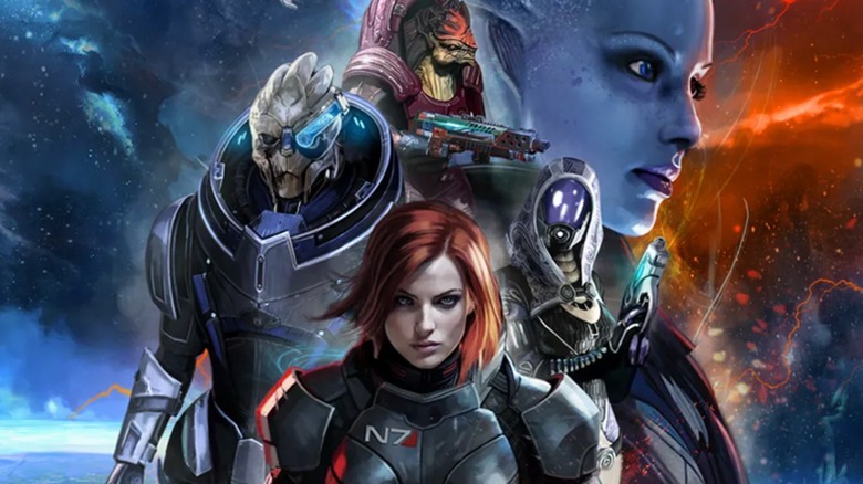 Mass Effect: Priority Hagalaz cover art showing Shepard, Garrus, Tali, Wrex, and Liara against an outer space background