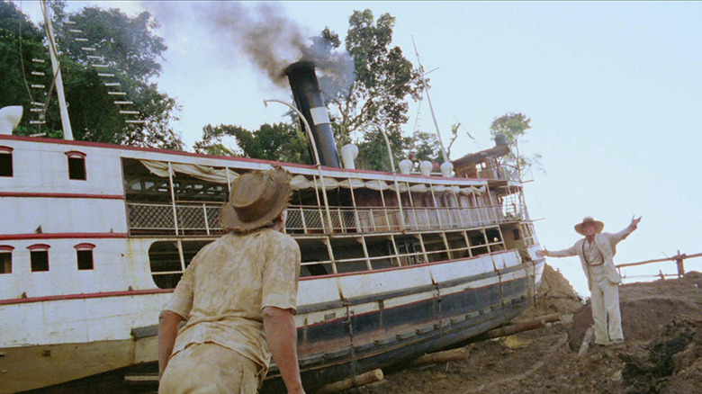 A ship being hauled up onto land in Fitzcarraldo
