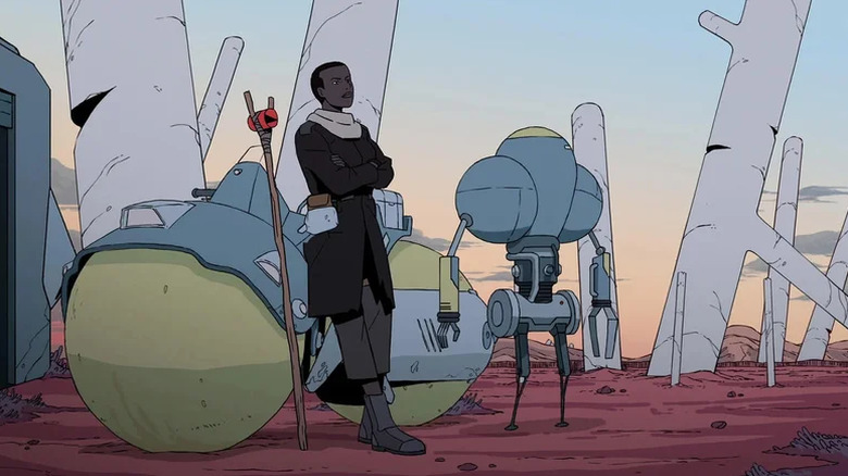 Azi resting by a bike with a robot in Scavengers Reign