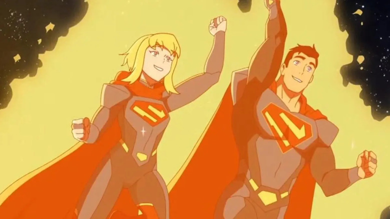 Supergirl and Superman smile as they fly through space in My Adventures With Superman