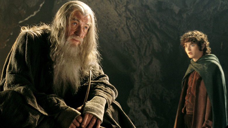 Ian McKellen as Gandalf sitting down and looking contemplatively next to Elijah Wood as Frodo in The Lord of the Rings: The Fellowship of the Ring