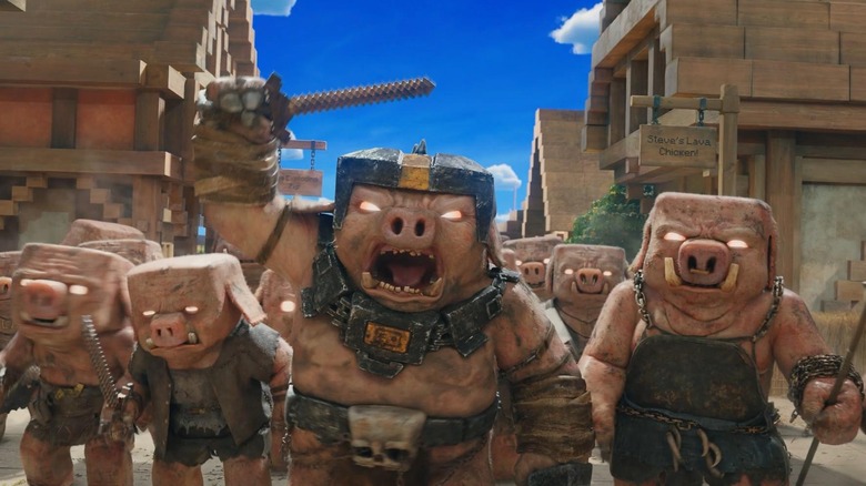 The pigs getting ready for battle in A Minecraft Movie