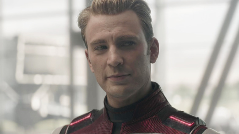 Chris Evans as Steve Rogers smiling while wearing his time travel suit in Avengers: Endgame
