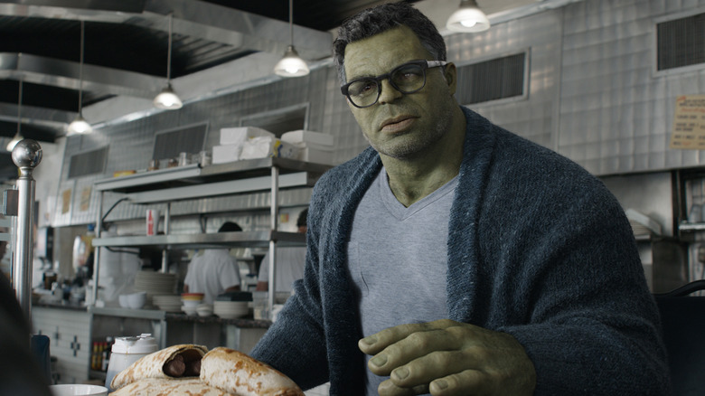 Mark Ruffalo as Hulk sitting at a table at a diner in Avengers: Endgame
