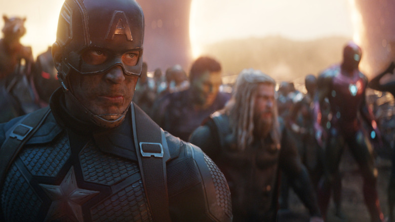 Chris Evans as Captain America leading the Avengers into battle in Avengers: Endgame