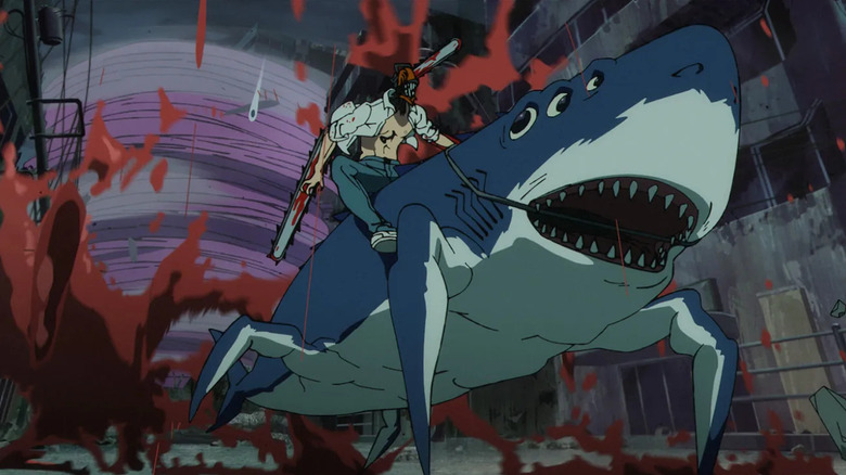 Denji riding a shark with legs in Chainsaw Man - The Movie: Reze Arc