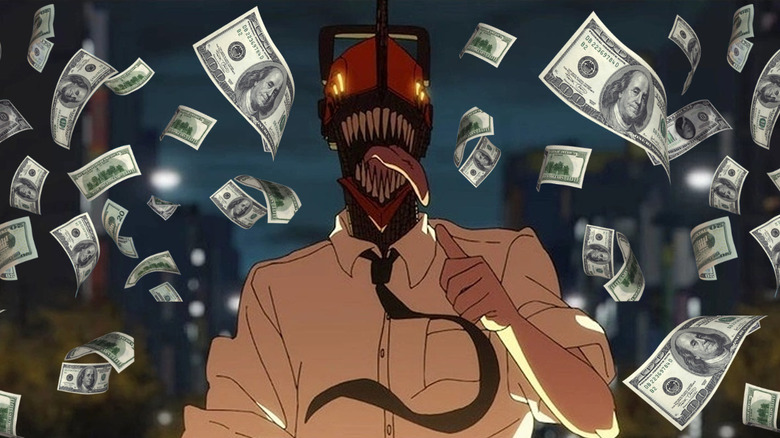 Denji giving a thumbs up with hiis tongue out surrounded by money in Chainsaw Man - The Movie: Reze Arc