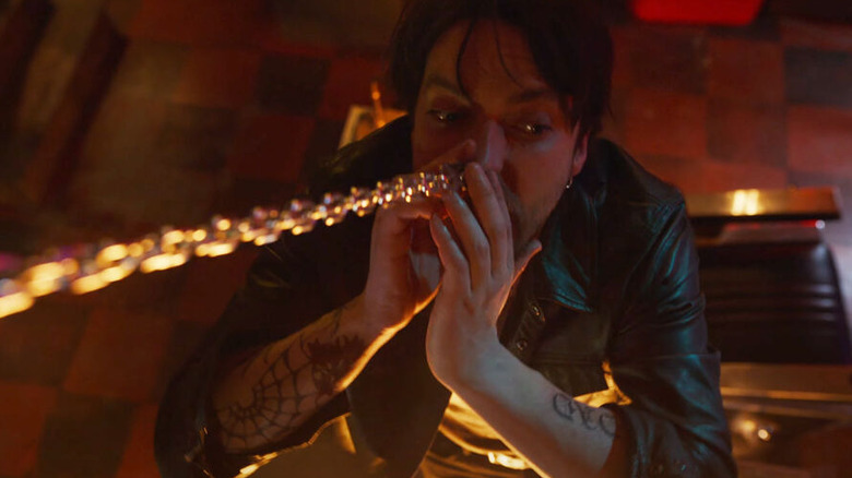 Richard Harmon as Erik with a chain caught in his nose ring in Final Destination Bloodlines