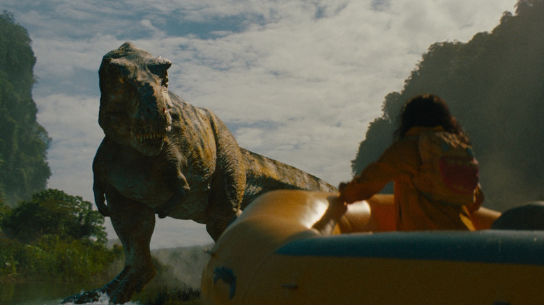 A T-rex getting ready to attack a raft in Jurassic World Rebirth