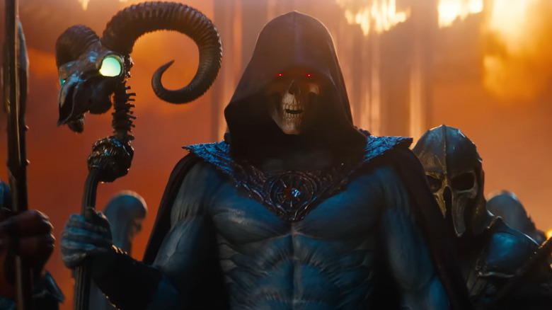 Jared Leto as Skeletor holding his staff in front of his henchmen in Masters of the Universe (2026)