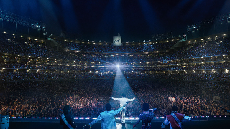 Jaafar Jackson looking out at the crowd at Dodgers Stadium in Michael (2026)