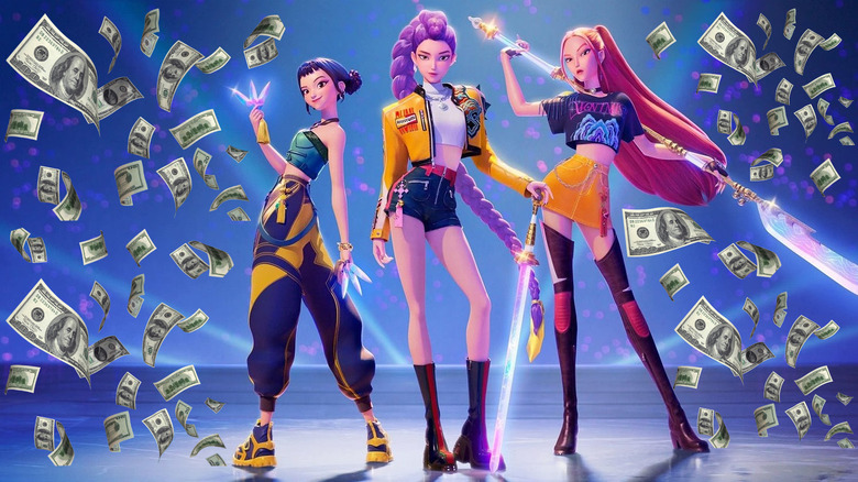 Rumi, Mira, and Zoey as Huntr/x on stage with their weapons surrounded by money in KPop Demon Hunters