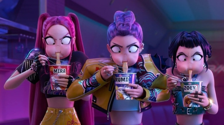 Mira, Rumi, and Zoey eating ramen noodles in KPop Demon Hunters