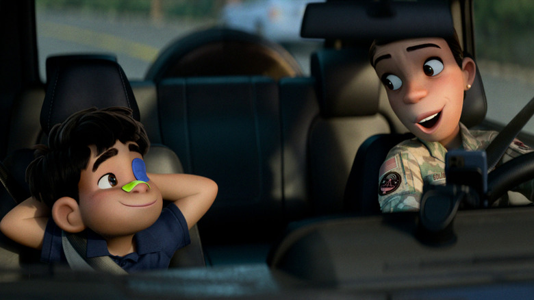 Elio riding in the car with his aunt Olga in Elio