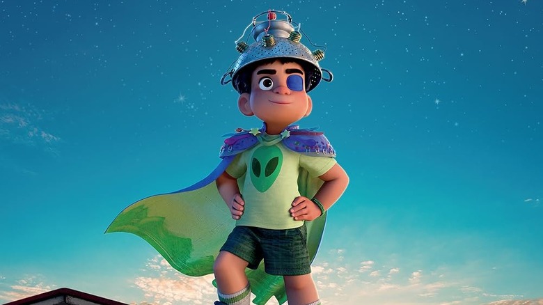 Elio standing on his roof on the poster for Pixar's Elio