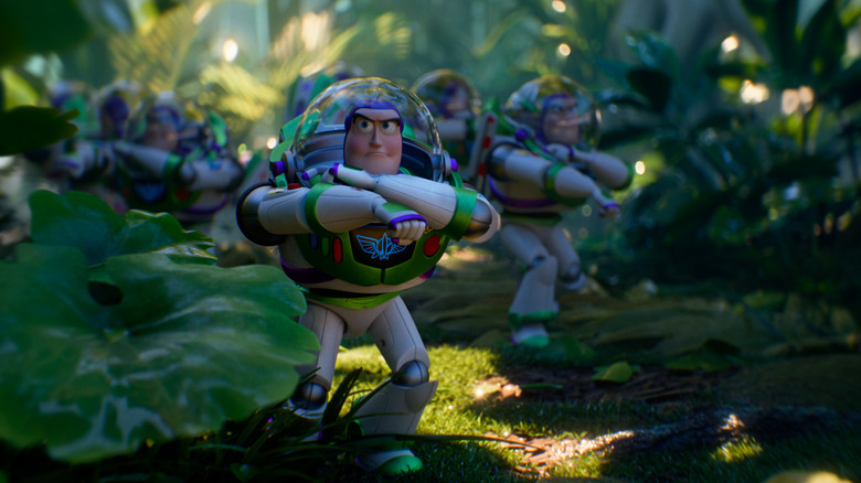 An army of Buzz Lightyears walking through greenery in Toy Story 5