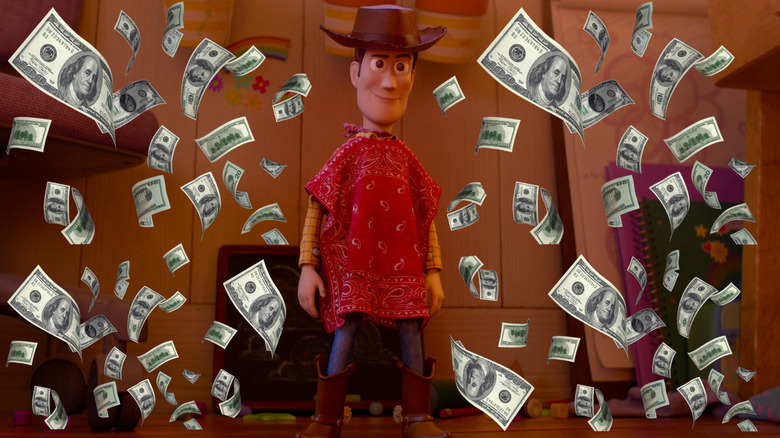 Woody wearing his poncho surrounded by money in Toy Story 5