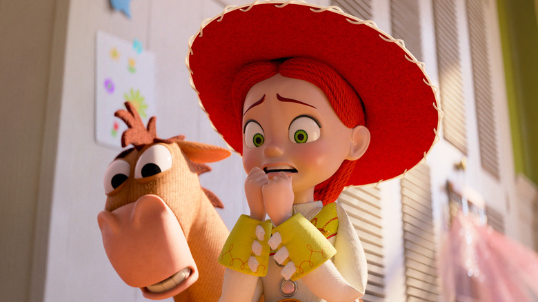 Jessie and Bullseye with a look of shock on their face in Toy Story 5