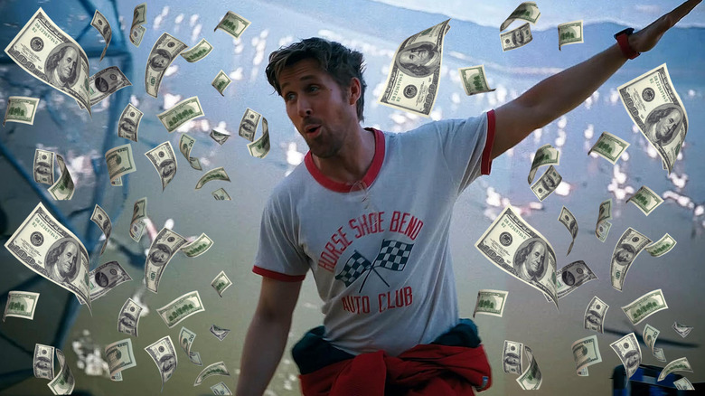 Ryan Gosling as Ryland horsing around with Rocky on the ship surrounded by money in Project Hail Mary
